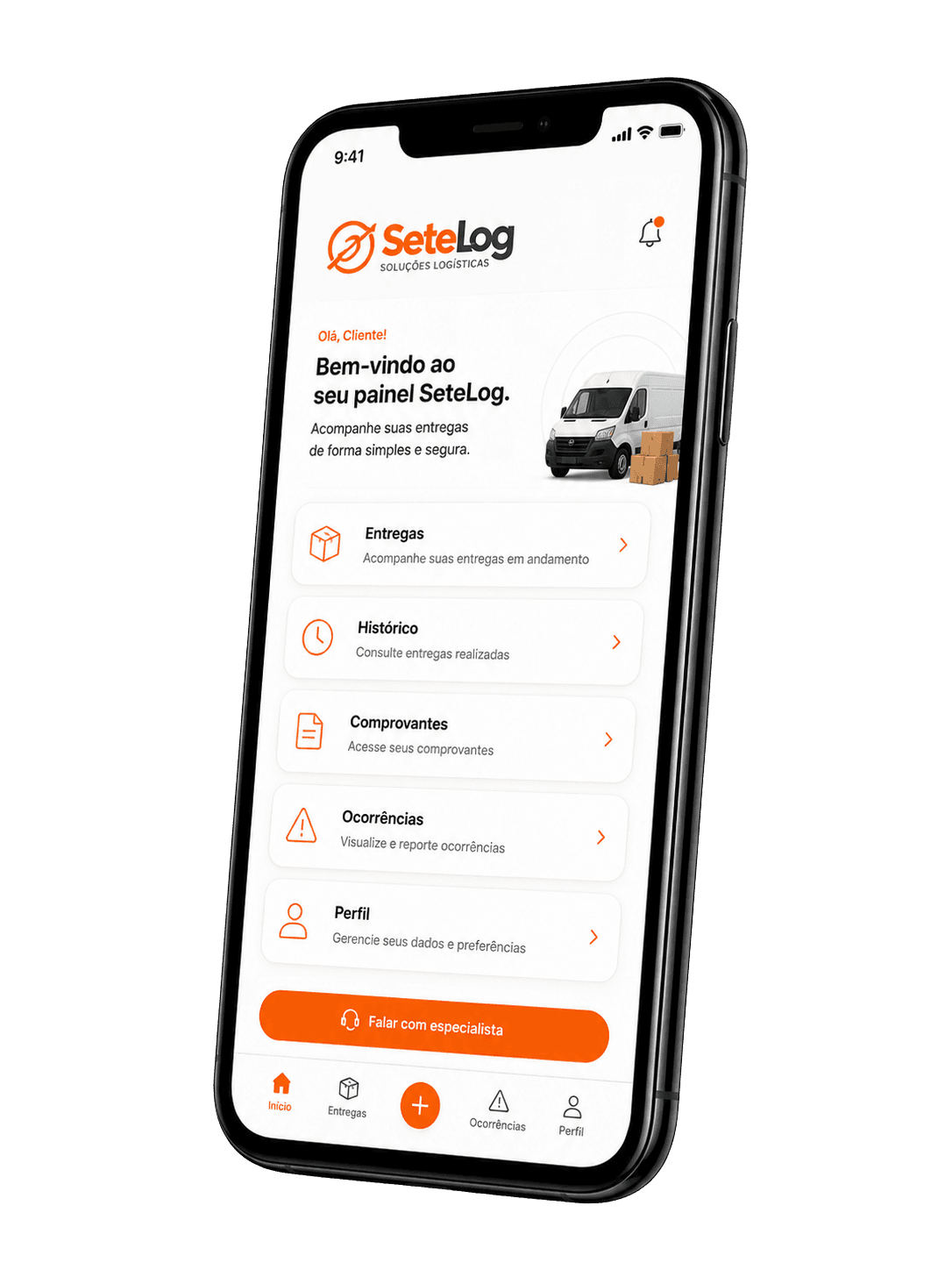 Celular exibindo o painel de acompanhamento de entregas da SeteLog