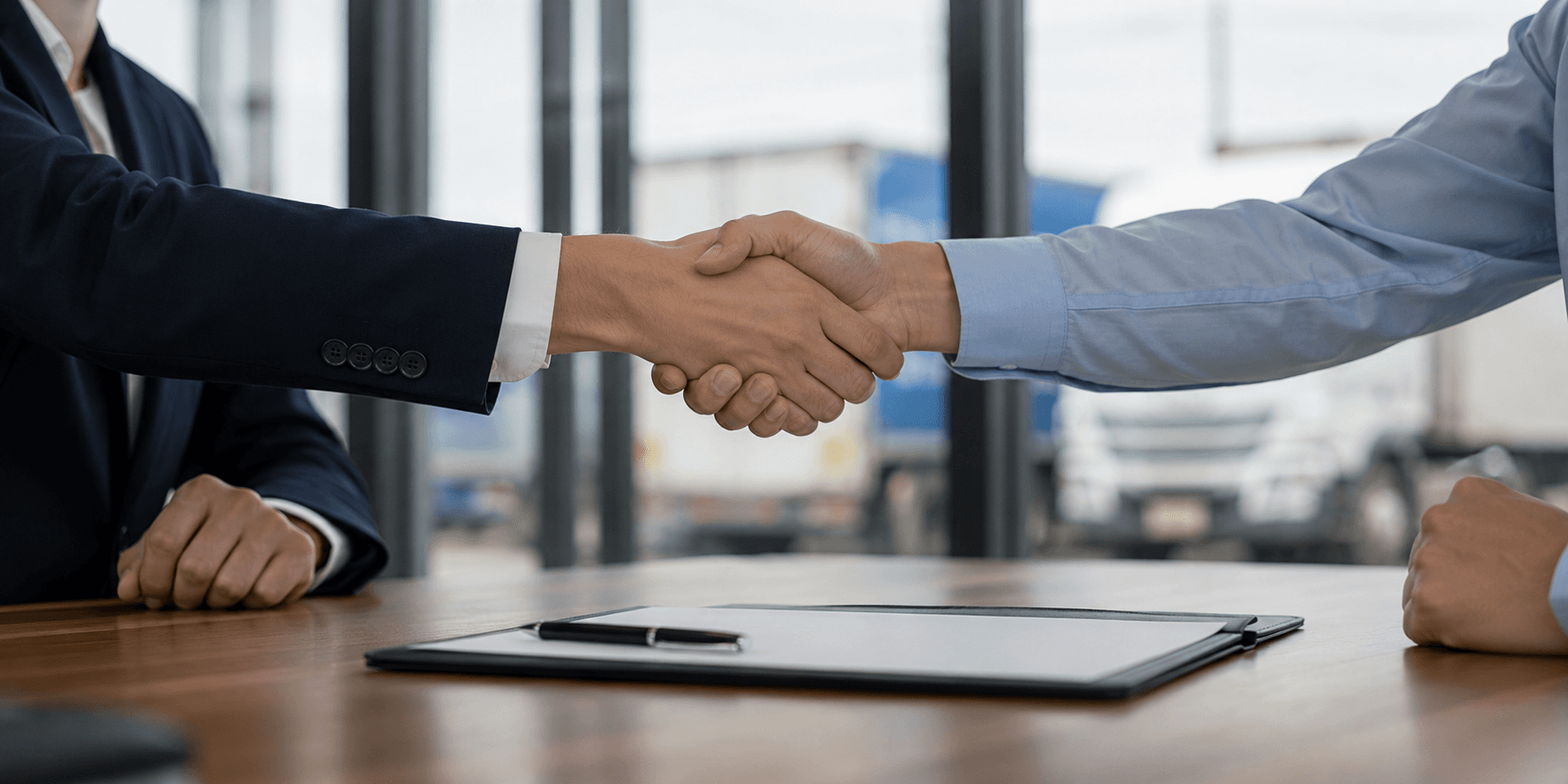 Reunião comercial com aperto de mão para formalização de parceria logística